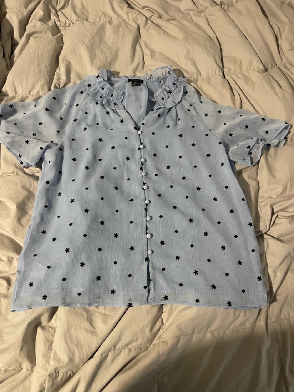 Ann Taylor Light Blue Ruffle Collar Floral Dot Blouse